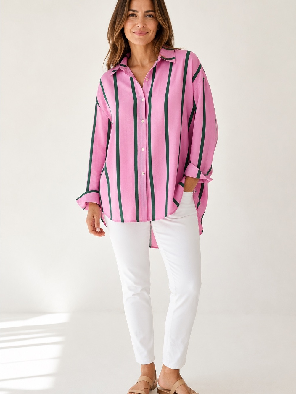 Pink Green Striped Oversized Button-Down Blouse XL